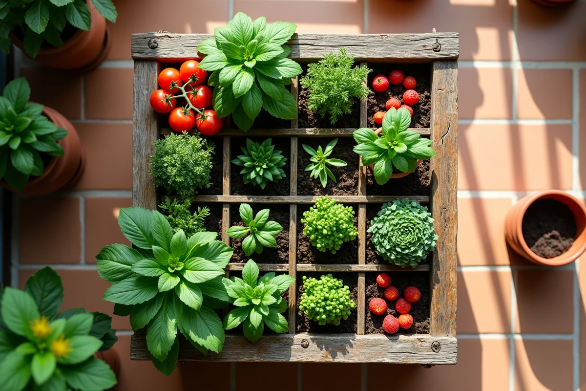 Vue en plongée d'un potager en carré sur balcon avec une grille en bois divisée en neuf sections cultivant différents légumes, herbes et fleurs comestibles